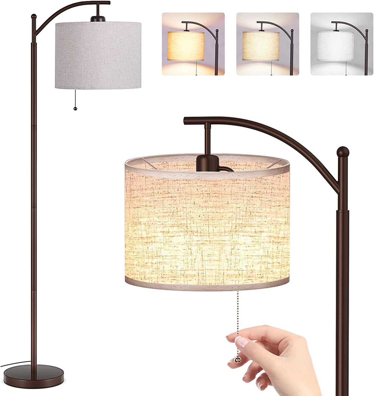 Modern Arc Floor Lamp for Living Room, Bedroom, Office; Bright Lighting to Soft White Light - includes 3-Mode Energy Saving LED Bulb Brown
