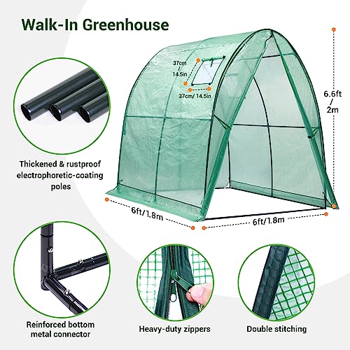 Ohuhu Portable Tunnel Greenhouse Outdoor: Heavy Duty Small Walk in Green House with Mesh Windows, Reinforced Metal Base Durable Plastic PE Cover for Outside, Free Tool to Install, 5.9x5.9x6.6 FT