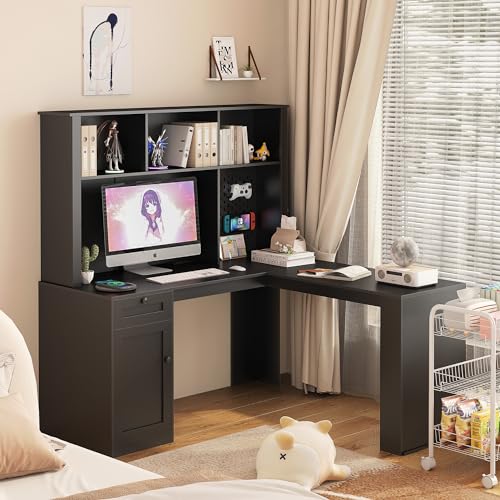 L Shaped Desk with Charger, Computer Desk with Drawers, Bookshelf & Hutch and LED Light, Corner Desk Home Office Desk, L-Shaped Study Table Writing Desk, Corner Gaming Computer Desk, Black