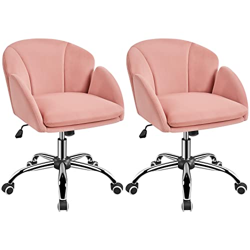 Yaheetech 2pcs Petal Makeup Vanity Chair Modern Swivel Desk Chair for Home Office Bedroom with Armrests Adjustable Height Tilt Angle for Women Pink/Velvet