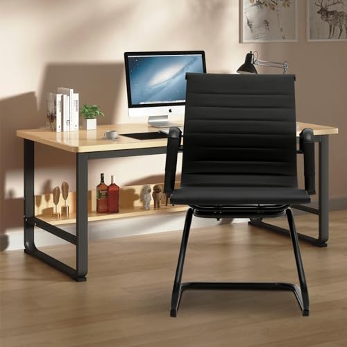 Athena Collection Office Desk Chair No Wheel, Office Guest Chari of 2 Reception Chair with Sled Base Faux Leather Side Chair with Arm for Meeting Room Waiting Room Comference White