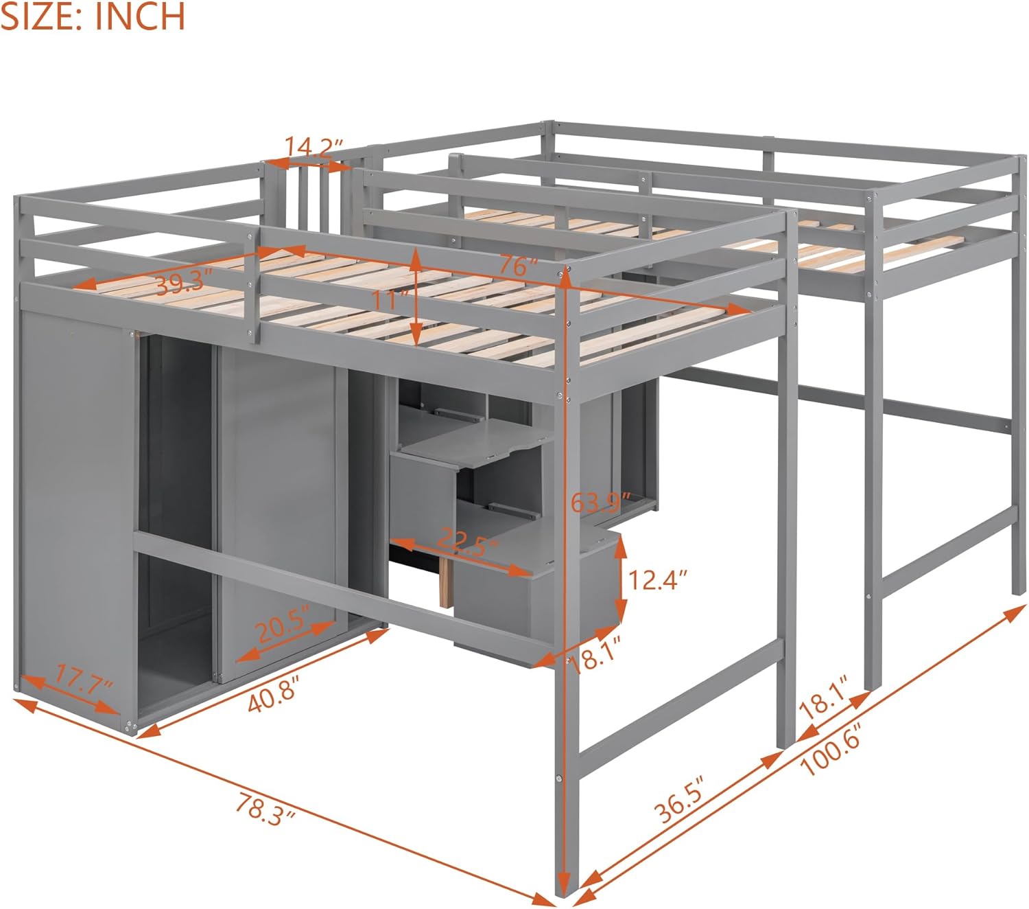 Double Twin Size Loft Bed with Storage Stairs and 2 Wardrobes, Wood Loft Bed Frame with Staircase for 2 Kids Girls Boys Teens, Gray