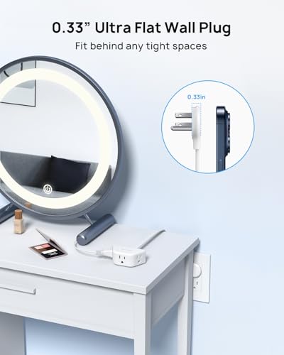 TROND Leftward Flat Extension Cord 10ft | Flat Plug Power Strip | 3 Prong Grounded 3 Outlets | 1625W | 16 Gauge Long Power Cord | for Indoor Home Kitchen Garage Office Dorm Room Essentials | White