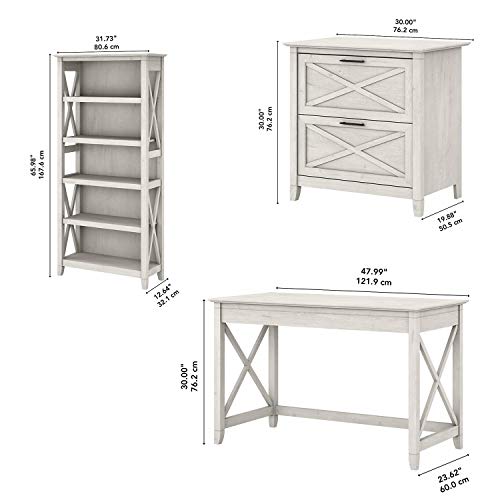 Bush Furniture Key West 48W Writing Desk with 2 Drawer Lateral File Cabinet and 5 Shelf Bookcase in Pure White and Shiplap Gray