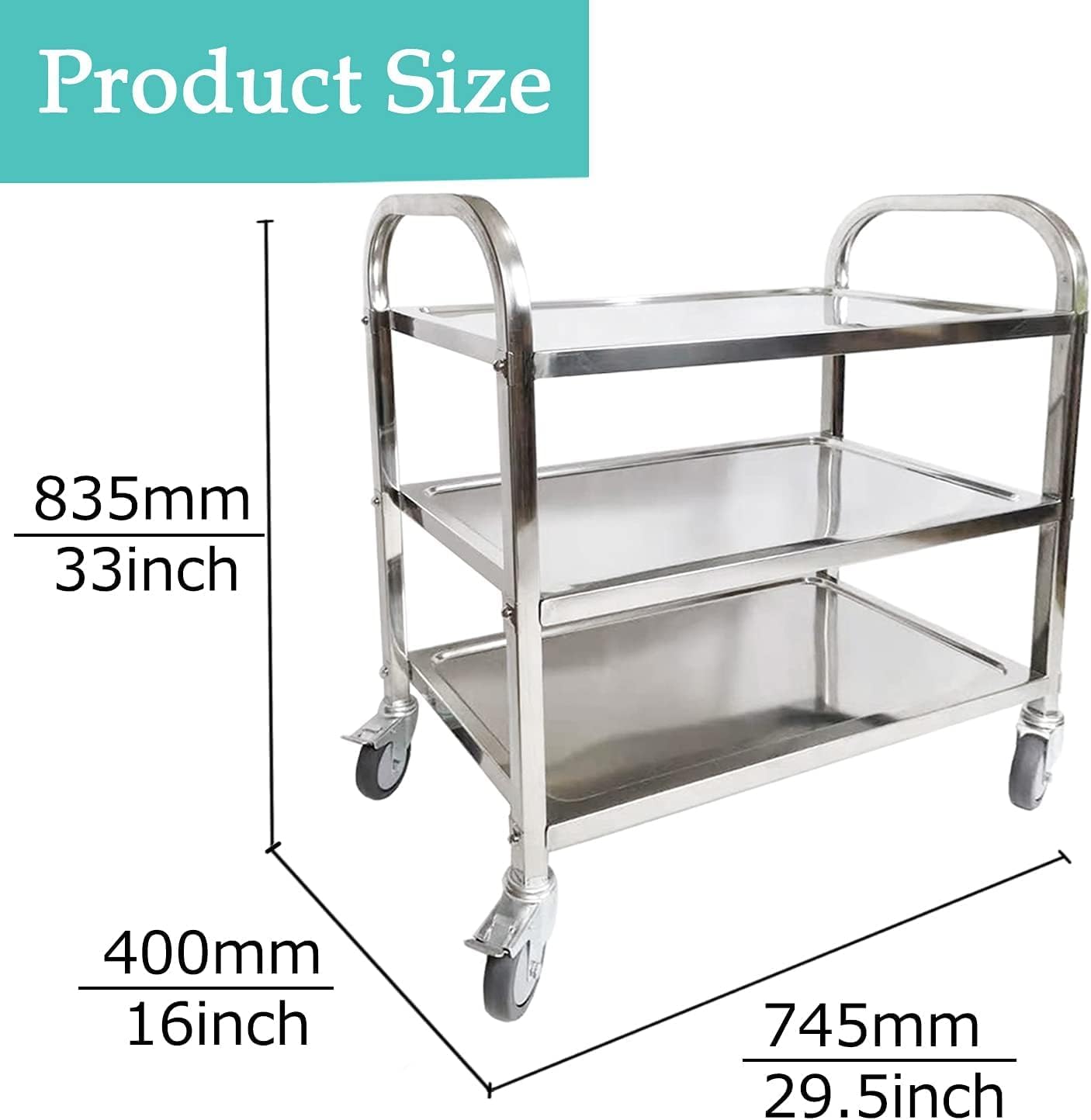 3 Tier Stainless Steel Utility Cart with Locking Wheels L29.5× W16× H33inch 330Lbs Total Load Capacity Kitchen Island Trolley Catering Storage Cart for Kitchen Restaurant Hotel Cafe Home