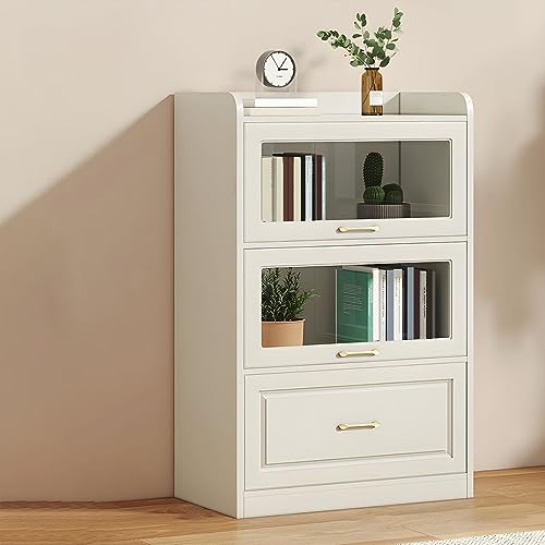 LITFAD White Wooden Bookcase Freestanding Storage Bookshelf with Glass Doors, Minimalist Home Storage Display Cabinet with Drawer for Bedroom, Study Room, Office, Library-23.5