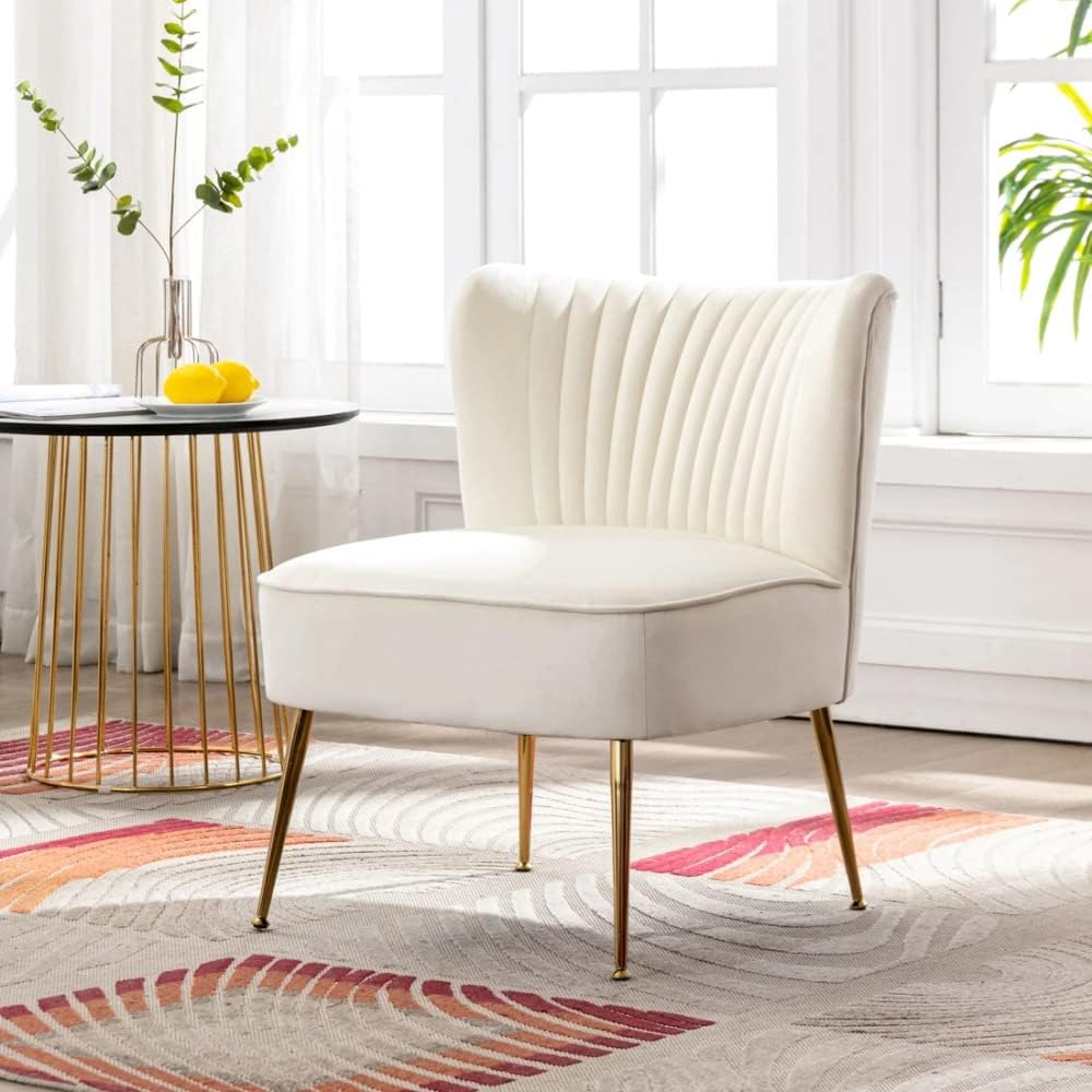 Mid Century Design Lounge Chair Living Room, Accent Chair Vertical Channel Tufting Iconic Silhouette |Accent Barrel Side Arm Chair | Wood Frame Flared Gold-Finished Metal Legs,Ivory Beige Color