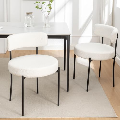 Boucle Dining Chairs Set of 4, Round Upholstered Dining Chairs with Black Metal Legs, Modern Dining Room Chairs for Dining Room, Kitchen, Living Room (Black)