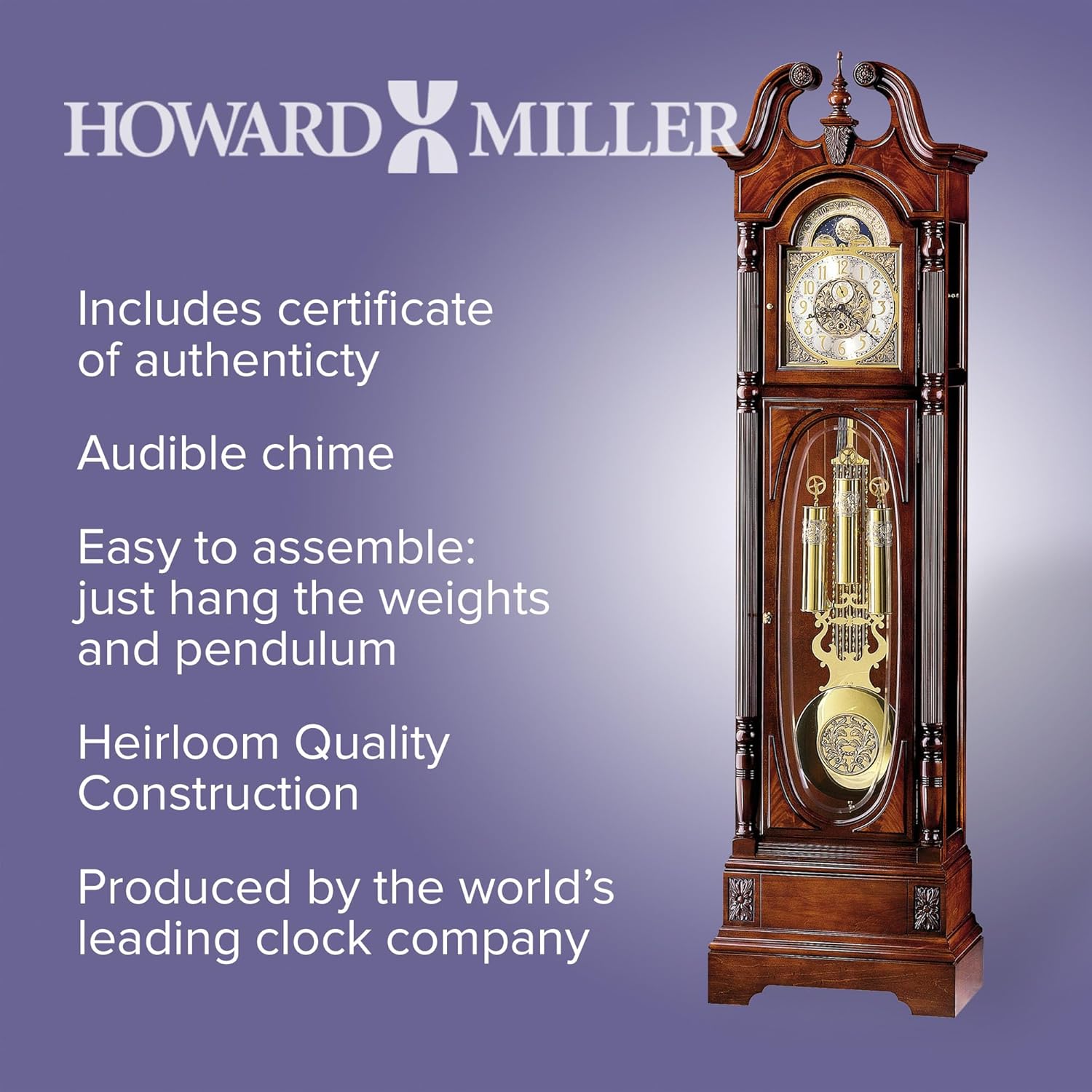 Howard Miller Stewart Floor Clock 610-948 – Windsor Cherry Grandfather Vertical Home Decor with Cable-Drive Triple-Chime Concerto Movement