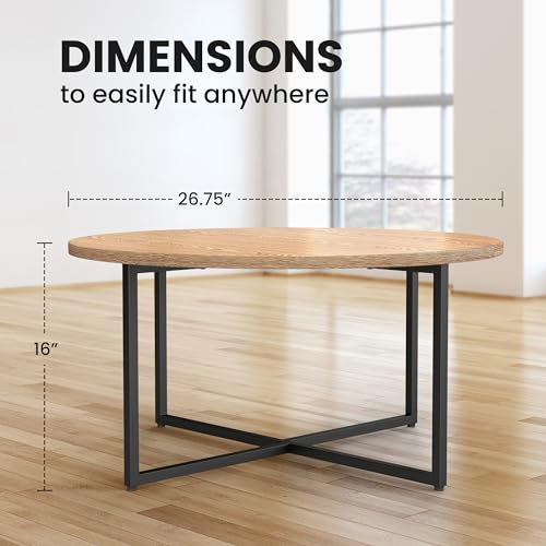 Round Coffee Table for Living Room | Circular Wooden Top and Metal Frame - LIGHT BROWN