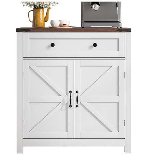 Walnut Buffet Sideboard Cabinet with 2 Barn Doors, Farmhouse Coffee Bar Cabinet, Bathroom Cabinet with Adjustable Shelf, Storage Cabinet for Kitchen, Living Room, Entryway, Bathroom