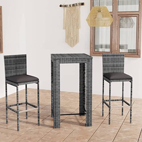 3 Piece Patio Bar Set with Cushions Poly Rattan Gray,Stylish Outdoor Bar Set with Comfortable Rattan Stools for Patio and Garden Outdoor Furniture Sets, Patio Furniture Sets