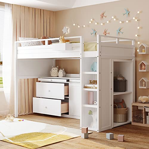 Metal Bunk Bed Twin Over Twin with Stairs Storage and Small Wardrobe Closet, Kids Castle Bunkbeds with Multiple Shelves/Staircase, Double Bedframe for Boys Girls Teens Bedroom, Black+White