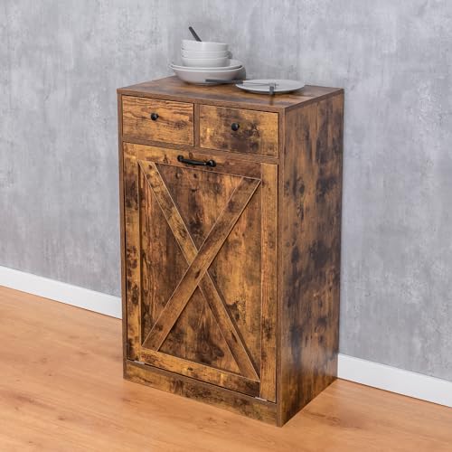 13 Gallon Tilt Out Trash Cabinet with 2 Drawers Wood Hidden Kitchen Recycling Cabinet Free Standing Pet Proof Trash Can Laundry Cabinet for Kitchen (Rustic Brown)