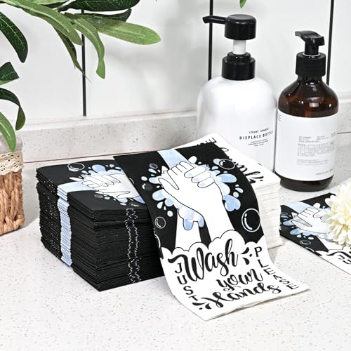 Homlouue 100 PCS Bathroom Napkins, 3 Ply Just Wash Your Hands Please Disposable Hand Towels for Bathroom, Bathroom Etiquette Guest Napkins for Bathroom Powder Room Wedding Birthday Decorative Towels