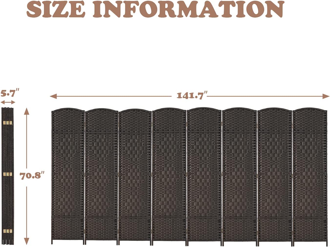 Excited Wrok Room dividers 6 ft. Tall Folding Privacy Screen Tall Extra Wide Partition Foldable Panel Wall Divider (Coffee, 8-Panel)