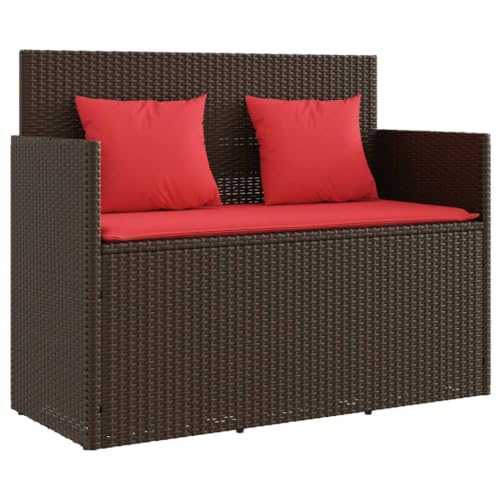 Outdoor Patio Bench with Blue Cushions, 2-Person Wicker Garden Patio Benches Seating Furniture with Storage Space, Patio Loveseat Wicker 2-Seat, Black Poly Rattan