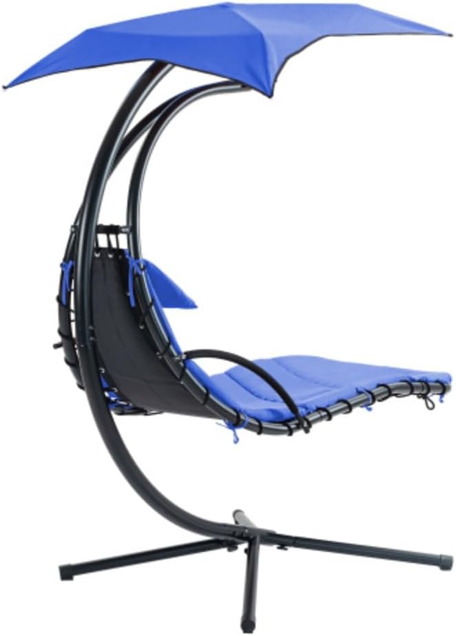GeRRiT Hanging Chaise Lounger with Removable Canopy, Outdoor Swing Chair with Built-in Pillow, Hanging Curved Chaise Lounge Chair Swing for Patio Porch Poolside, Hammock Chair with Stand