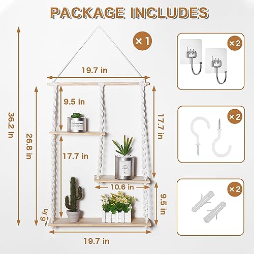 Macrame Wall Hanging Shelves, Swing Floating Shelves, Wood Bookshelf, 3 Tier Shelf Boho Decor with Cotton Macrame Rope for Plants, Kitchen, Living Room, Bathroom, Bedroom