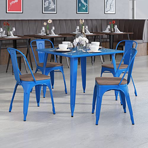 EMMA + OLIVER 4 Pack Green Metal Stackable Chair with Wood Seat - Restaurant Chair - Bistro Chair