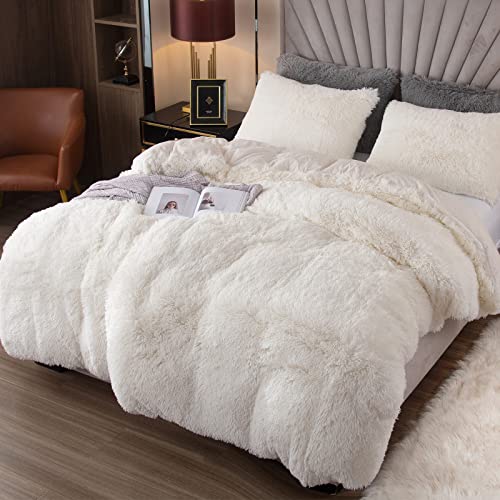 EMME Plush Shaggy White Duvet Cover Set Queen Size Luxury Fuzzy Comforter Cover Set for Queen Bed Soft Bedding Duvet Covers (White, Queen)