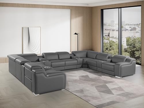 Ibero 12-Piece Italian Leather Sectional Sofa Set with 4 Recliners, Power Adjustable Headrests, USB and Wireless Phone Charger and Console Storage, Light Gray