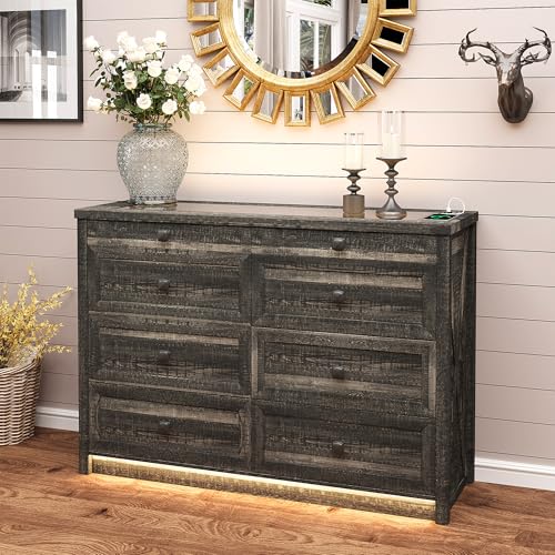 Farmhouse 8 Drawers Dresser for Bedroom, Tall Wood Chest of Drawers with LED Light/Charging Station/Human Sensor, Clothes Dressers for Closet, Living Room, Hallway, Rustic Brown