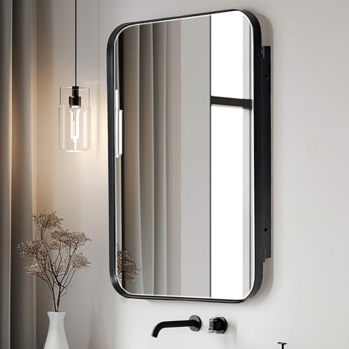 soges Silver Medicine Cabinet Mirror with 2 Adjustable Storage Shelves, 24”x16” Recessed Medicine Cabinet with Mirror for Bathroom, Wall Mounted Deep Metal Framed Rounded Corner Rectangle