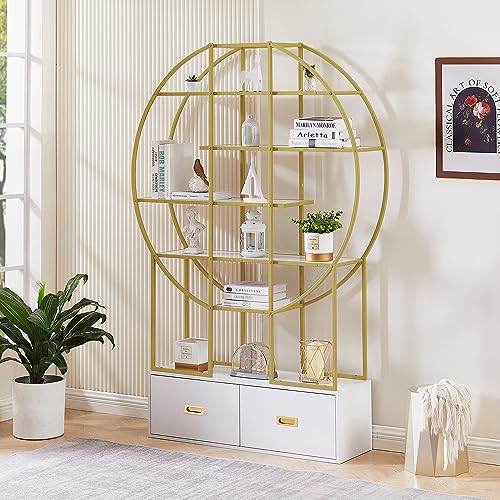 70.8 Inch Round Office Bookcase Bookshelf, Modern Display Shelf with 4 Tiers Open Shelves and 2 Drawers, Gold Freestanding Staggered Storage Shelf Frame for Livingroom Bedroom Home Office