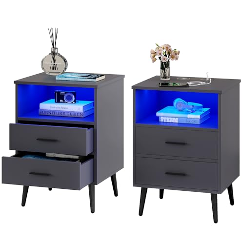LVSOMT Black Nightstand Set of 2, LED Nightstand with Charging Station, Human Body Induction, Night Stand with 2 Drawers and Shelf for Bedroom