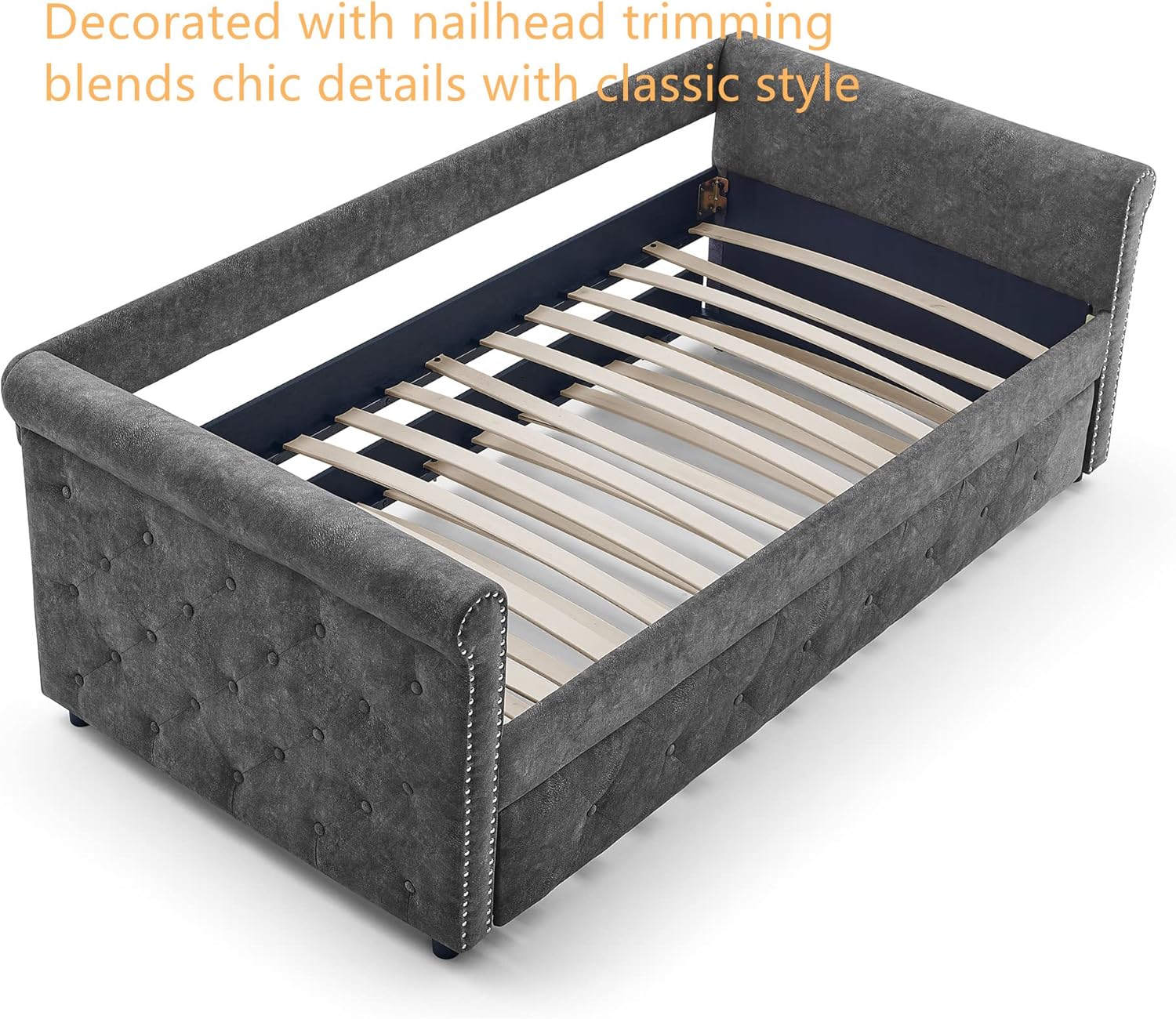 Flieks Twin Upholstered Daybed with Trundle, Solid Wood Upholstered Tufted Sofa Bed Frame with Button Tufted and Nailtrim on Arms, No Box Spring Needed, Grey