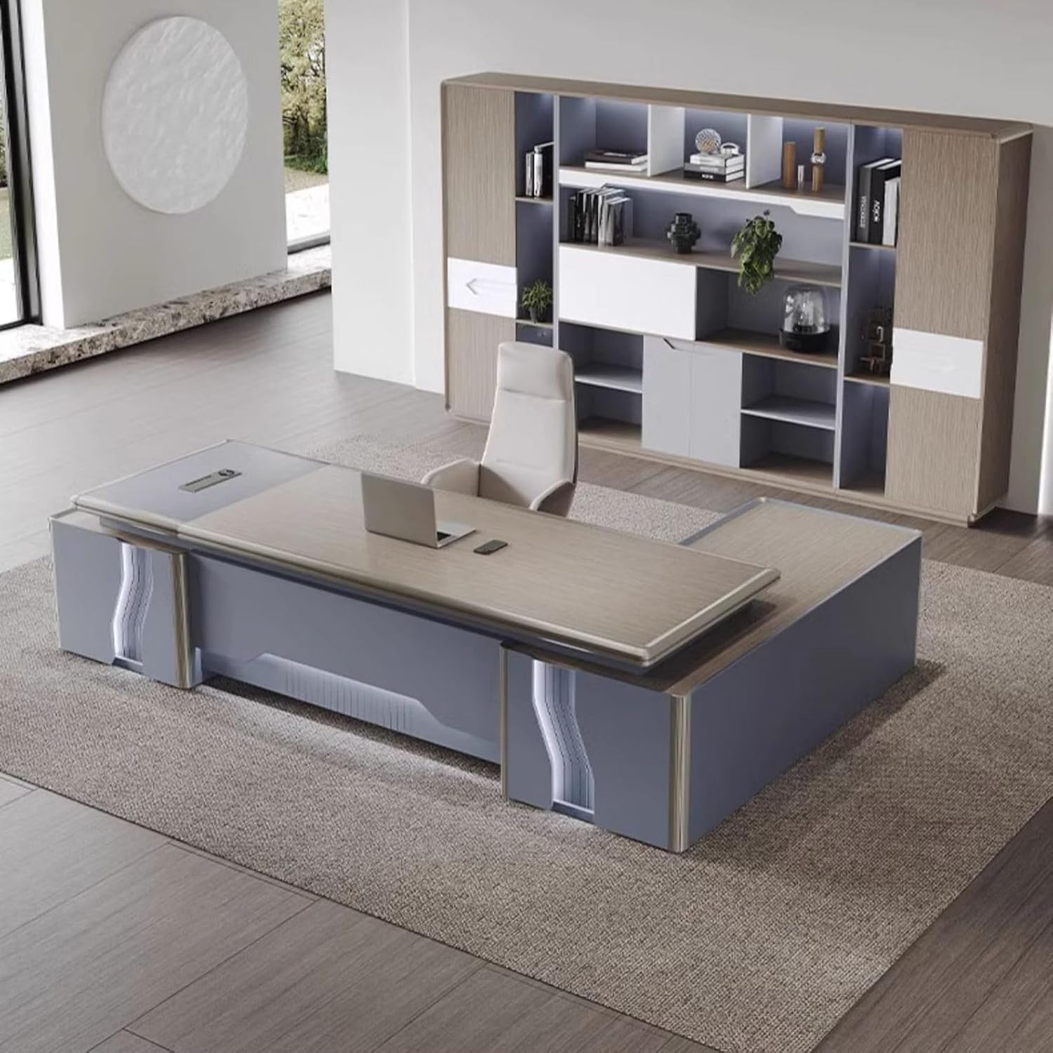 L Shaped Computer Desk with Drawers Cabinet, Modern Large Executive Office Desk Business Furniture Set Workstation for Home Office with USB Power Outlet Storage Cabine