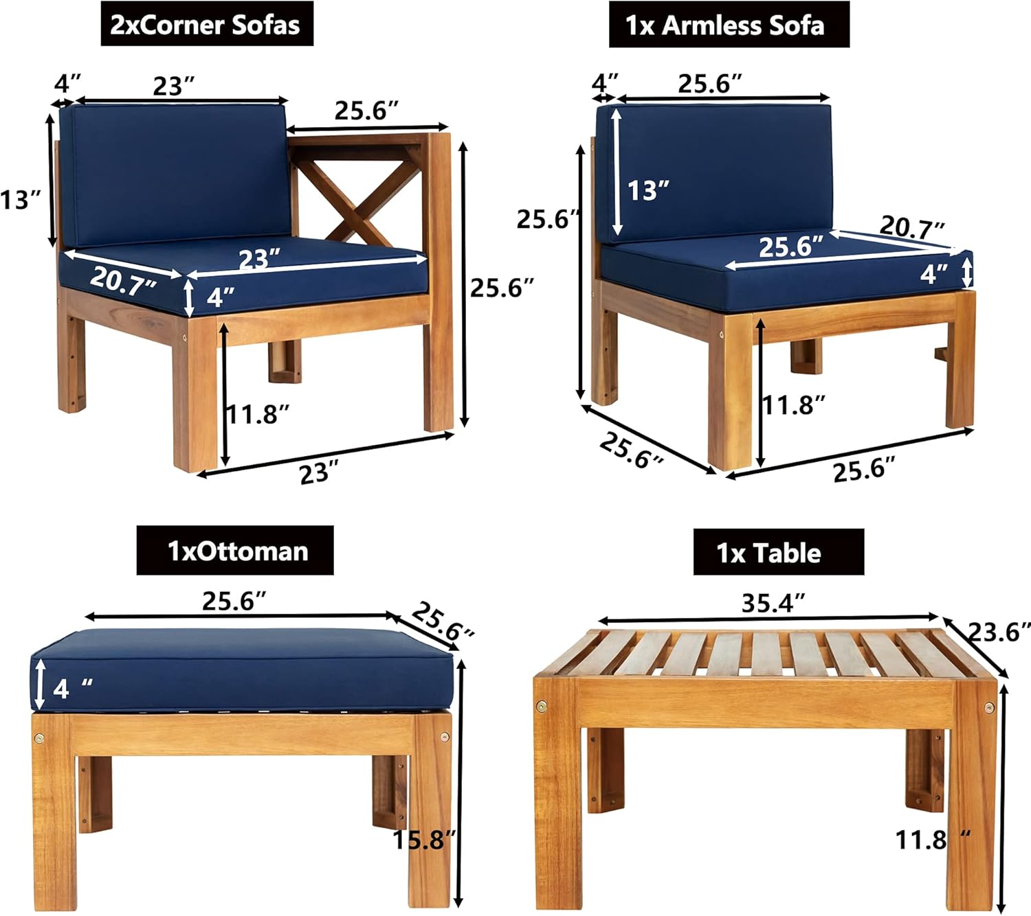 Solid Acacia Wood 5 Piece Garden Lounge Set with Cushions Outdoor Sectional Sofa Couch Loveseat Natural Finish and Blue Cushions