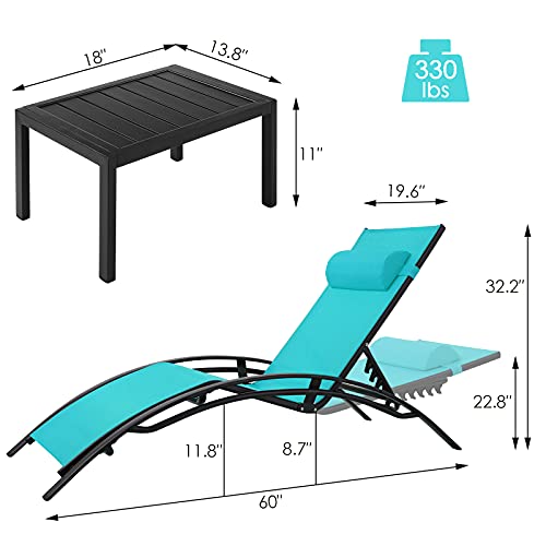 AthLike 3 pcs Poolchairs Patio Chaise Lounge Set with Headrest, 5-Level Adjustable Sunbathing Tanning Poolside Recliner Chairs with Side Table for Outdoor Beach (Black, 4 Chairs and 2 Tables)