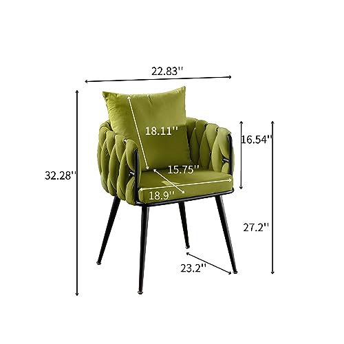 Warmiehomy Modern Velvet Upholstered Dining Chairs Set of 2, Kitchen Chairs with Pillow, Mid Back Vanity Chair with Black Metal Legs, Woven Arm Chairs for Kitchen Living Room Bedroom,Beige