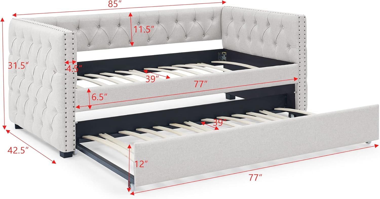Linen Upholstered Twin Size Daybed with Twin Trundle, Wooden Sofa Bed Frame w/Button Tufted and Copper Nail on Square Arms, for Bedroom, Guest Room, No Spring Box Need, Beige