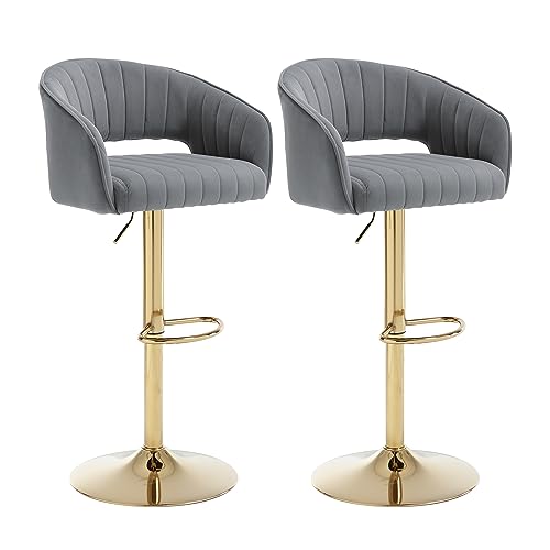 KCC Counter Height 30 Inches Bar Stools Set of 2, Modern Velvet Upholstered Barstools with Hollow Backrest and Gold Footrest for Kitchen Island, Home Bar, Dining Room(Gray)