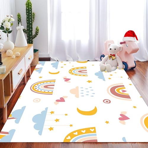 Rainbow Area Rugs Girl's Bedroom Soft Fluffy Colorful Rugs Cute Floor Mats Furry Kids Play Mats Gilt Stars White Clouds Rainbow Prints Living Room Kids Room Nursery Home Decor 3x5ft