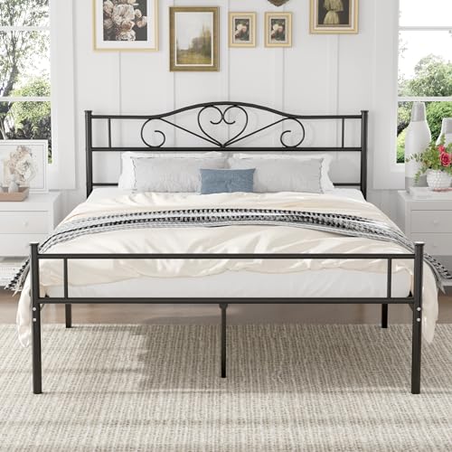 VECELO 14 Inch Queen Size Metal Platform bed Frame with Headboard and Footboard, Heavy Duty Mattress Foundation with Steel Slats Support, No Box Spring Needed, Black