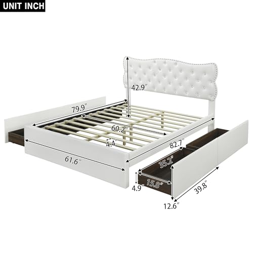 Chic Full Size Leather Upholstered Platform Bed with 4 Storage Drawers and Wood Slat Support,Heavy Duty Bed for Kids Teens Adults Bedroom Use (White@Drawers11, Full)