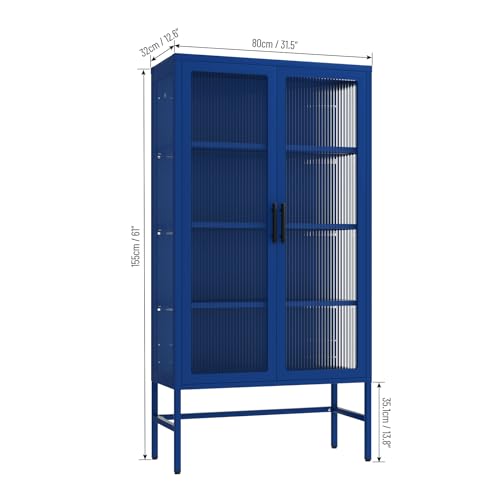 Metal Storage Cabinet Glass Display Cabinet with 4 Doors and 2 Adjustable Shelves, Modern White 59
