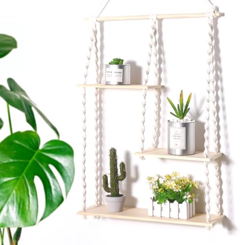 Macrame Wall Hanging Shelves, Swing Floating Shelves, Wood Bookshelf, 3 Tier Shelf Boho Decor with Cotton Macrame Rope for Plants, Kitchen, Living Room, Bathroom, Bedroom