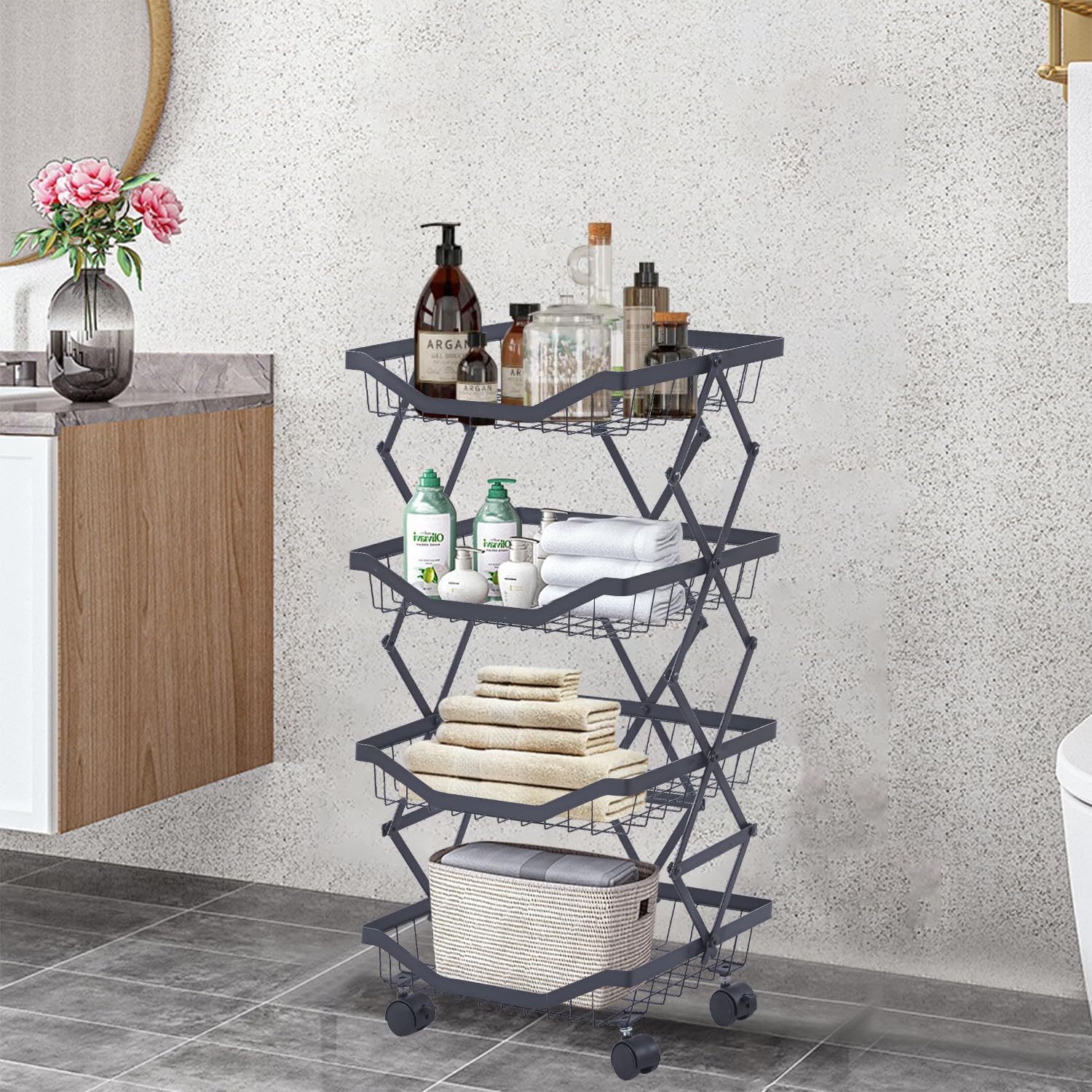 4 Tier Fruit Basket for Kitchen Stackable Metal Wire Fruit Vegetable Basket with Wheels Narrow Corner Rolling Utility Cart for Kitchen, Pantry, Bathrooms, Garage