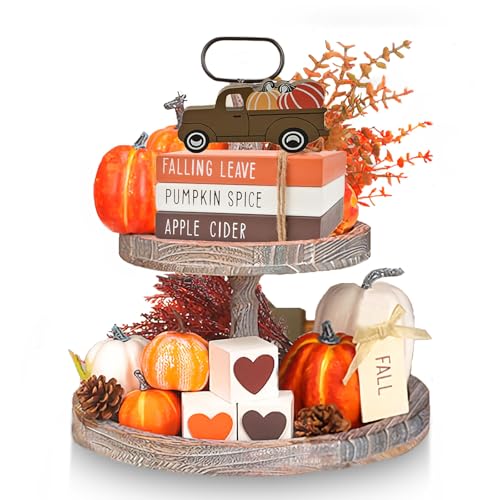 Rustic Wooden 2 Tiered Tray, Round Farmhouse Kitchen Table Serving Tier Tray, Food Fruits Cupcake Display Decorative Tray for Home Kitchen Seasonal Holiday Decorations - Brown