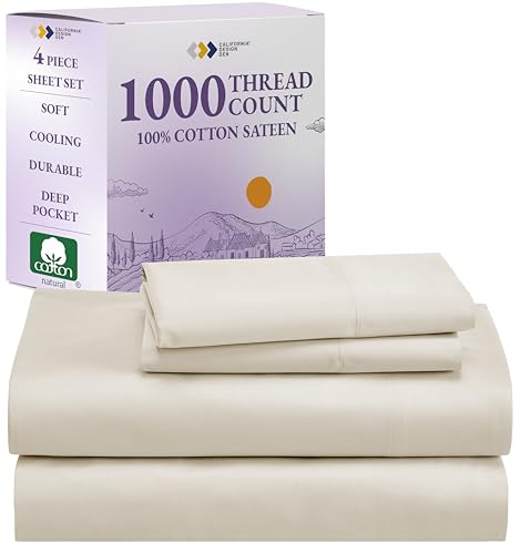 California Design Den 1000 Thread Count Queen Size Sheet Set, Winner Architectural Digest Best Sheet, 4 Pc Luxury 100% Cotton Sateen Bed Sheets, Softer Than Egyptian Cotton (White)