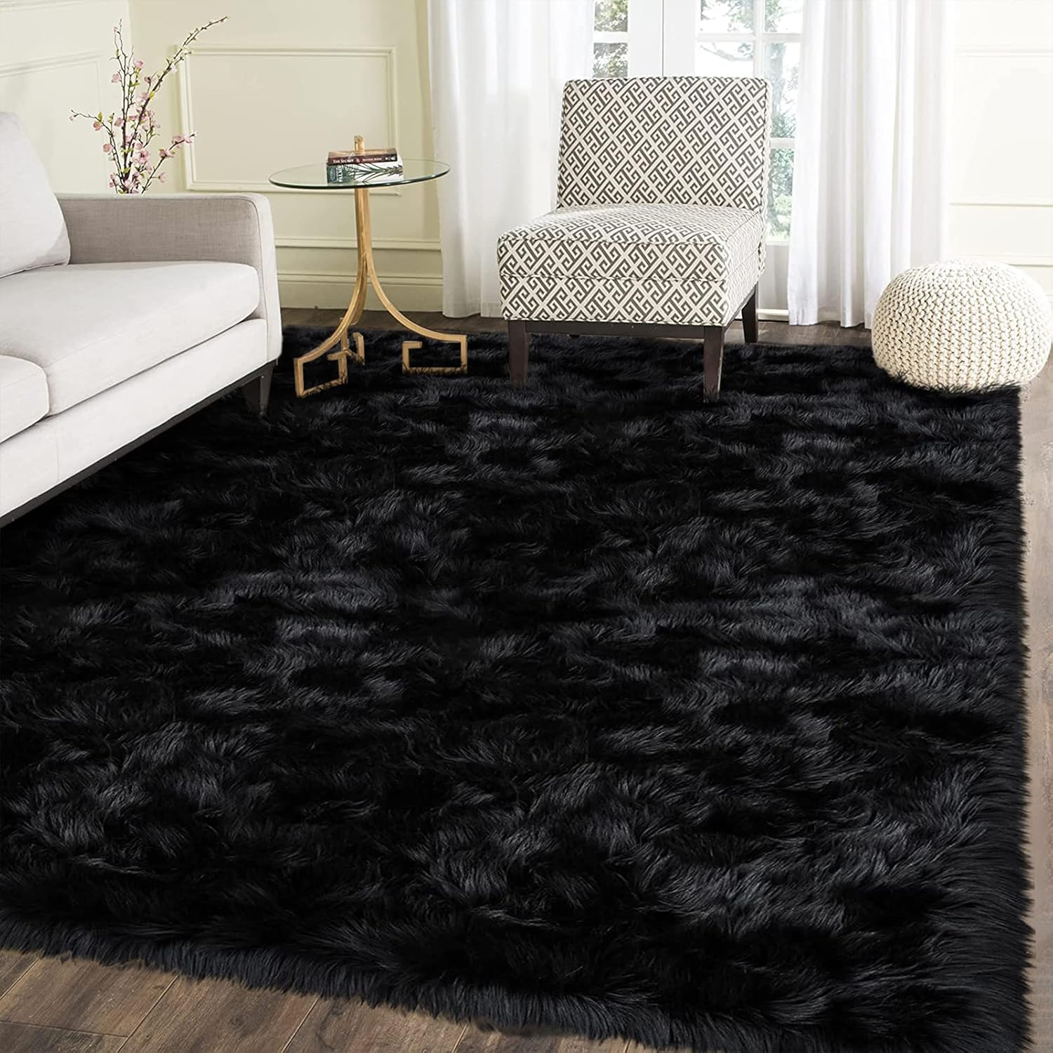 Latepis Shag Rug 5x7 Black Fuzzy Rug Faux Sheepskin Fur Rug Super Soft Washable Rug Shaggy Rug for Living Room Fluffy Rug for Bedroom Pure Dark for Bedside Rug Luxury Home Décor