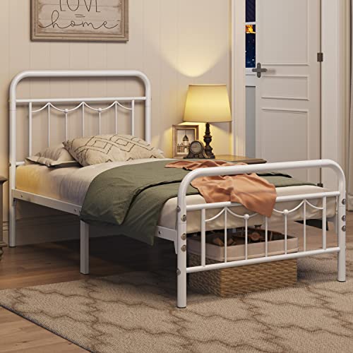 Topeakmart Queen Metal Bed Frame with Vintage Headboard and Footboard, 13 Inch Heavy-Duty Metal Bed Frame with Storage,Sturdy Metal Slats, No Box Spring Needed, Easy Assembly