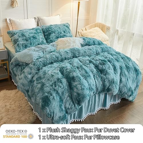 LIFEREVO Luxury Fluffy Faux Fur Duvet Cover Set, Tie Dye Plush Fuzzy Duvet Cover Set(1 Print Shaggy Comforter Cover+2 Furry Pillow Shams)Bedding Set, Zipper Closure(Full/Queen, Off White/Light Beige)