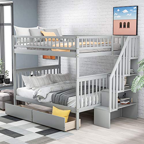 Merax LUMISOL Full Over Full Bunk Beds with Staircase and Storage Drawers for Bedroom(Gray,Full Over Full)