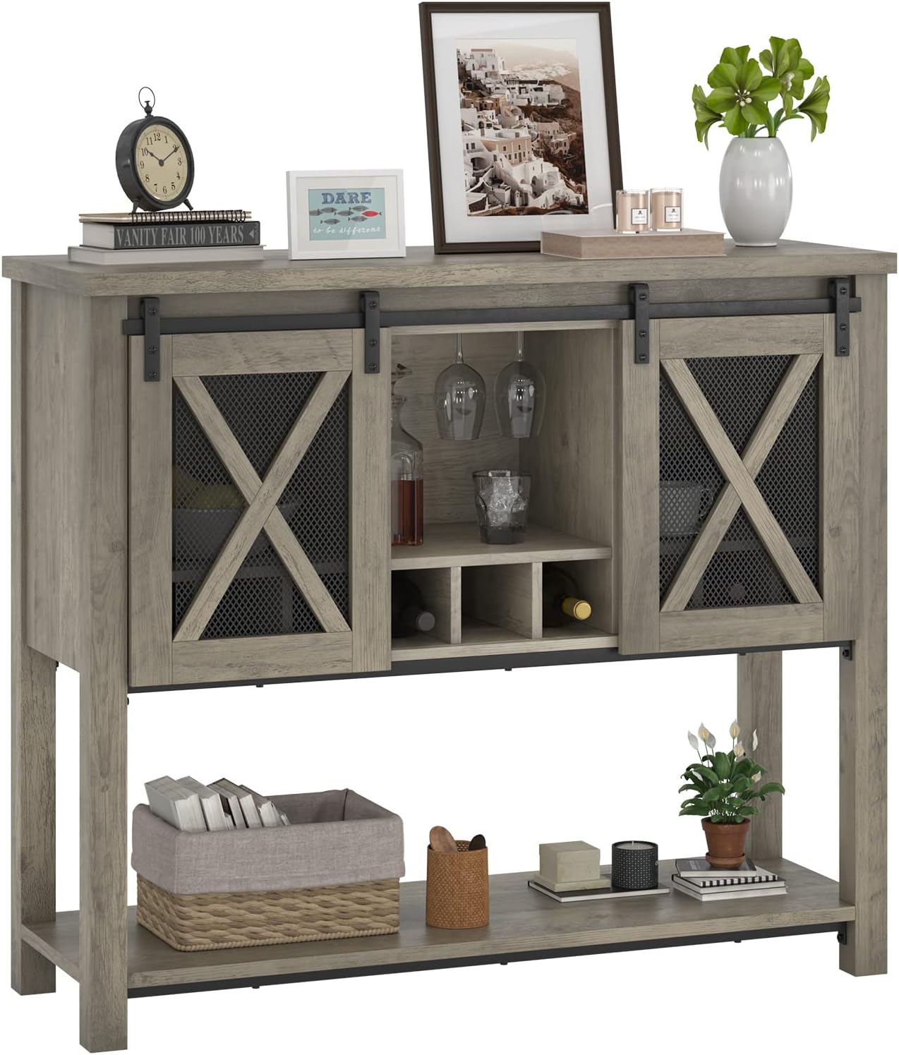IDEALHOUSE Bar Cabinet, Buffet Storage Cabinet with Wine Glass Rack, Farmhouse Coffee Bar Table Kitchen Sideboards and Buffets Cabinet with Barn Door, Liquor Cabinet Bar for Home, Dinning, Living Room